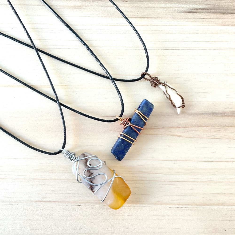 Wire wrap agate crystal necklace lapis shark tooth copper wire black cord